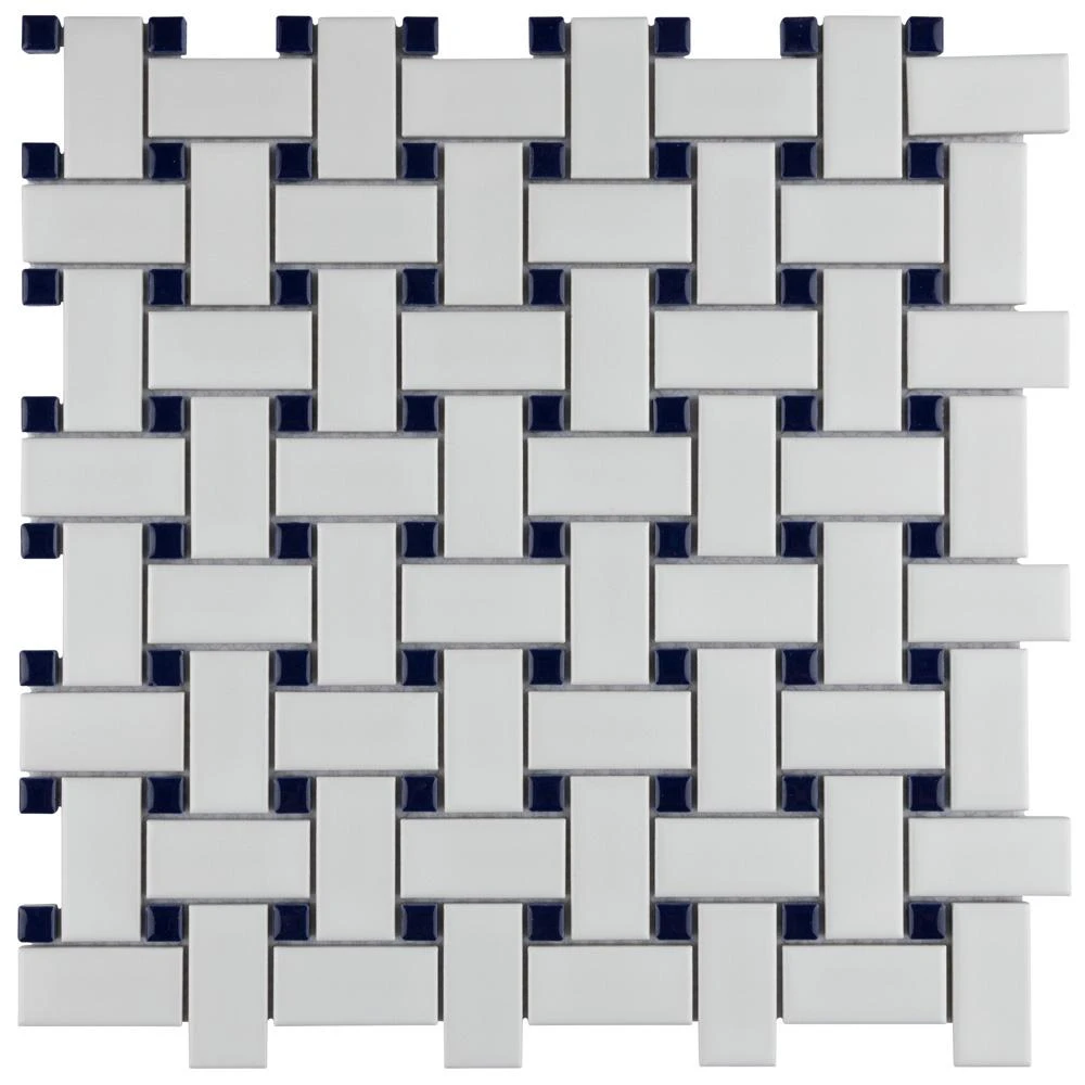 Merola Tile Metro Basketweave Matte White With Cobalt Dot 11-3/4 In. X 11-3/4 In. Porcelain Mosaic Tile (19.58 Sq. Ft./Case)