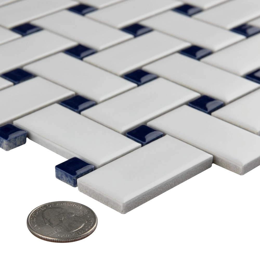 Merola Tile Metro Basketweave Matte White With Cobalt Dot 11-3/4 In. X 11-3/4 In. Porcelain Mosaic Tile (19.58 Sq. Ft./Case) - Image 3