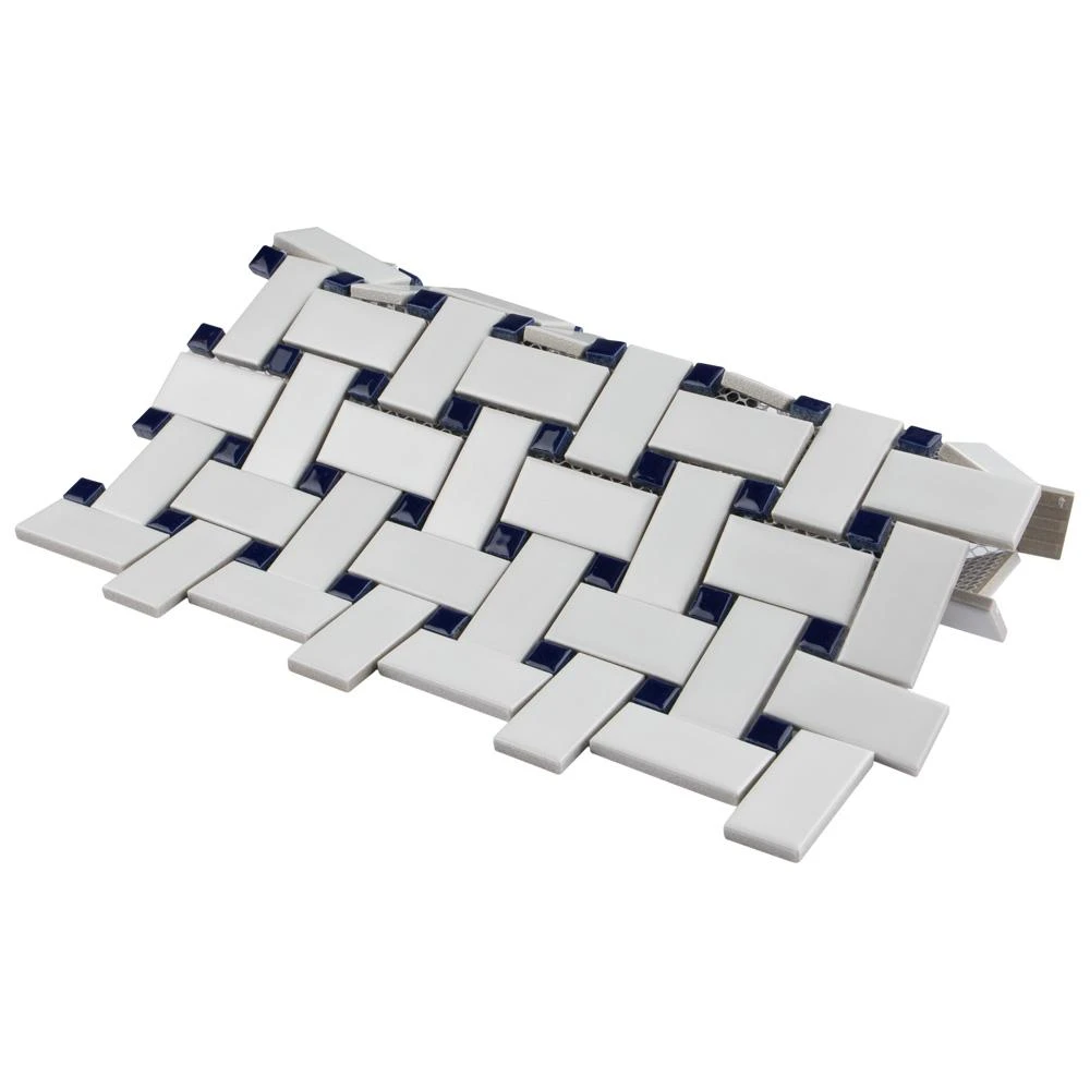 Merola Tile Metro Basketweave Matte White With Cobalt Dot 11-3/4 In. X 11-3/4 In. Porcelain Mosaic Tile (19.58 Sq. Ft./Case) - Image 6