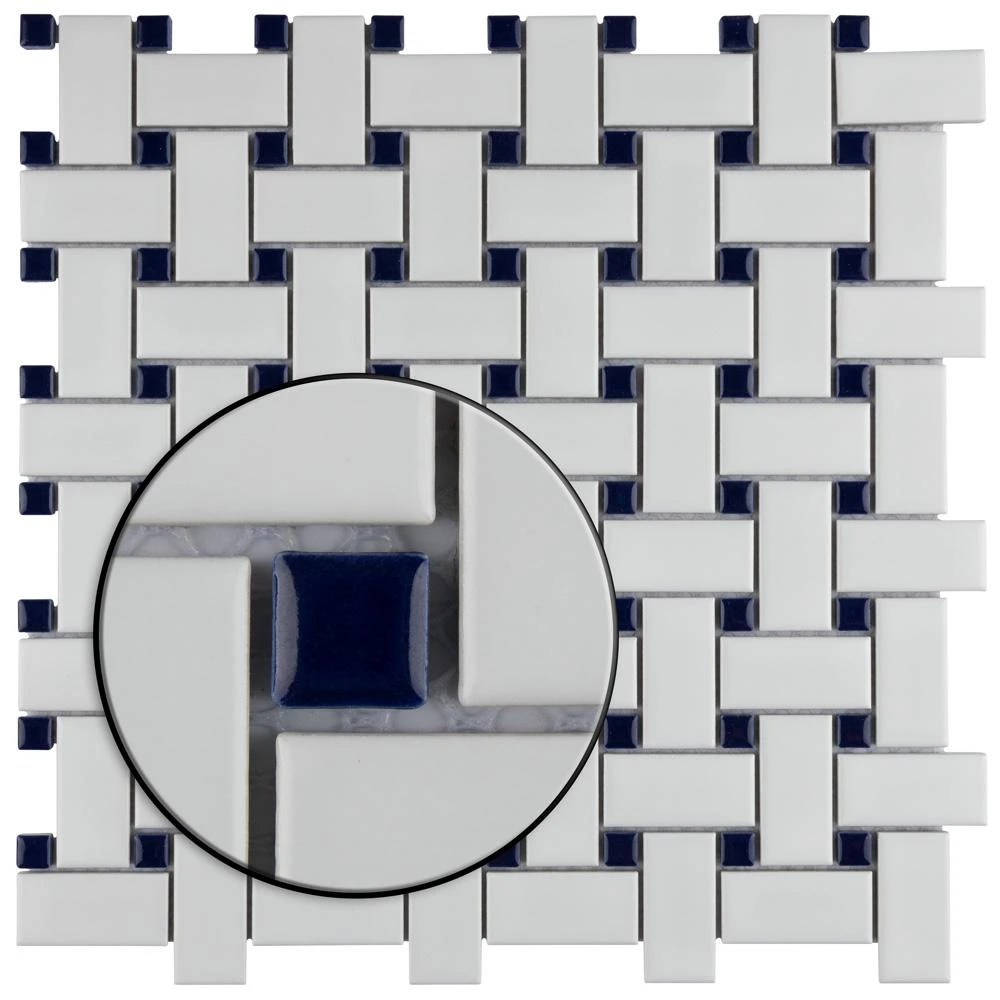 Merola Tile Metro Basketweave Matte White With Cobalt Dot 11-3/4 In. X 11-3/4 In. Porcelain Mosaic Tile (19.58 Sq. Ft./Case) - Image 5